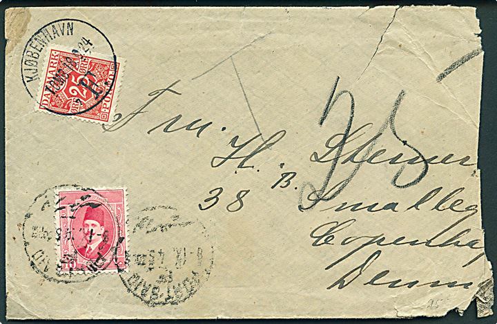 10 mills på underfrankeret brev fra Port Said d. 8.9.1924 til København, Danmark. Udtakseret i porto med 25 øre Portomærke stemplet Kjøbenhavn d. 18.9.1924. Afkortet i højre side.
