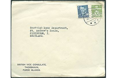 10 øre Bølgelinie og 50 øre Fr. IX på fortrykt kuvert fra British Vice Consulate i Thorshavn d. 12.7.1952 til Edinburgh, Scotland.