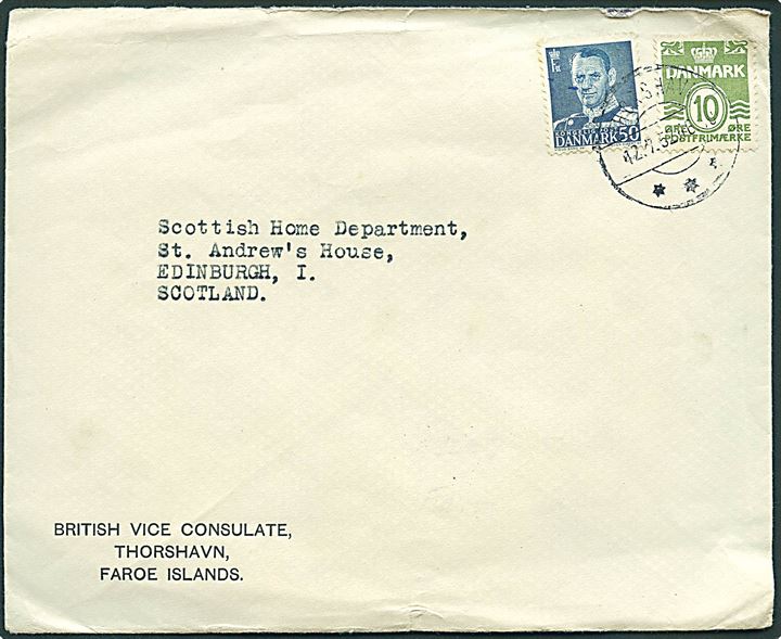 10 øre Bølgelinie og 50 øre Fr. IX på fortrykt kuvert fra British Vice Consulate i Thorshavn d. 12.7.1952 til Edinburgh, Scotland.