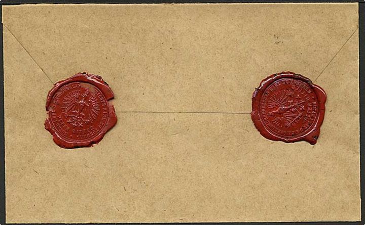 3 mk. Preussisk stempelmærke annulleret med violet gummistempel og påskrevet 16/5-07 Tondern på særlig Testamente kuvert. På bagsiden store laksegl. Usædvanlig.