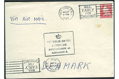 30 øre Fr. IX på luftpostbrev annulleret med amerikansk stempel i New York d. 27.11.1961 til København, Danmark. Ikke udtakseret i porto.