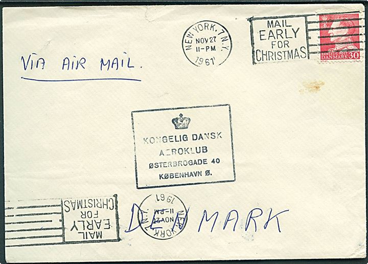 30 øre Fr. IX på luftpostbrev annulleret med amerikansk stempel i New York d. 27.11.1961 til København, Danmark. Ikke udtakseret i porto.