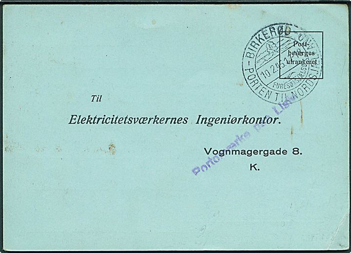 Ufrankeret svarbrevkort fra Birkerød d. 10.2.1945 til København. Stemplet: Portomærke paa Liste.