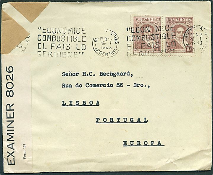 10 c. i parstykke på brev fra det danske generalkonsulat i Buenos Aires d. 16.2.1943 til Lissabon, Portugal. Åbnet af britisk censur PC90/8026.