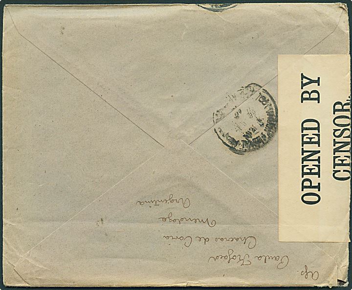12 c. på brev fra Chacras de Coria d. 12.7.1918 til København, Danmark. Åbnet af britisk censur no. 5035 og noteret modtaget d. 22.9.1918. 