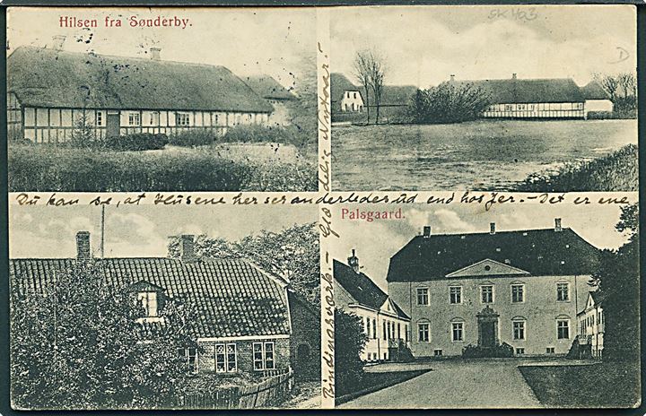 1 øre, 4 øre Bølgelinie og Julemærke 1914 på brevkort (Hilsen fra Sønderby) dateret d. 8.1.1915 annulleret med stjernestempel GLUD til Orten pr. Varde.