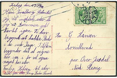 5 øre Chr. X i parstykke på brevkort annulleret med stjernestempel JERLEV og sidestemplet Vejle d. 14.6.1919 til Over Jersdal, Nordslesvig.