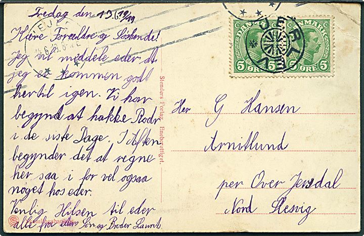 5 øre Chr. X i parstykke på brevkort annulleret med stjernestempel JERLEV og sidestemplet Vejle d. 14.6.1919 til Over Jersdal, Nordslesvig.