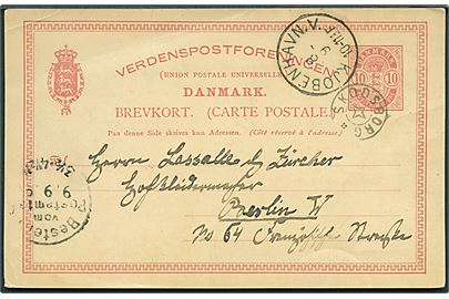 10 øre Våben helsagsbrevkort annulleret med stjernestempel SKODSBORG og sidestemplet Kjøbenhavn V. d. 8.9.1890 til Berlin, Tyskland.