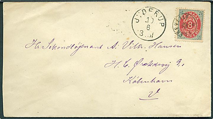 8 øre Tofarvet på brev annulleret med stjernestempel FAAREVEILE og sidestemplet lapidar Jyderup d. 10.6.1892 til Kjøbenhavn.