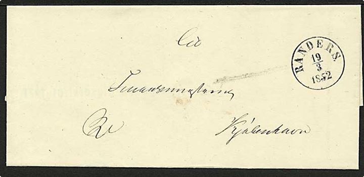 1852. Ufrankeret tjenestebrev med antiqua stempel Randers. d. 19.3.1852 til Kjøbenhavn.