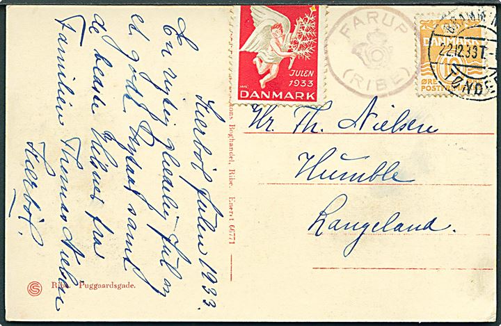 10 øre Bølgelinie og Julemærke 1933 (ombøjet) på brevkort annulleret med bureaustempel Bramminge - Tønder d. 22.12.1933 og sidestemplet med posthornstempel FARUP (RIBE) til Humble, Langeland.