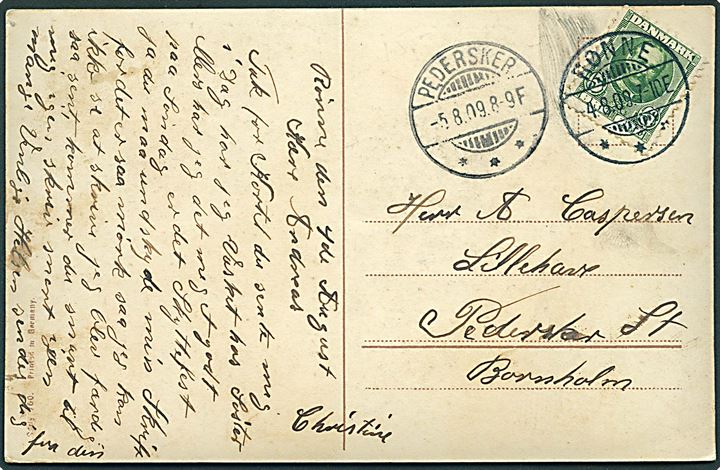5 øre Fr. VIII på brevkort fra Rønne d. 4.8.1909 til Pedersker. Ank.stemplet brotype Ia Pedersker d. 5.8.1908.