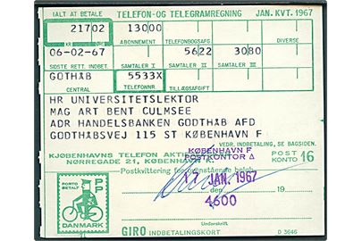 Giroindbetalingskort med trodatstempel med sorteringskode København F Postkontor 4600 d. 17.1.1967.
