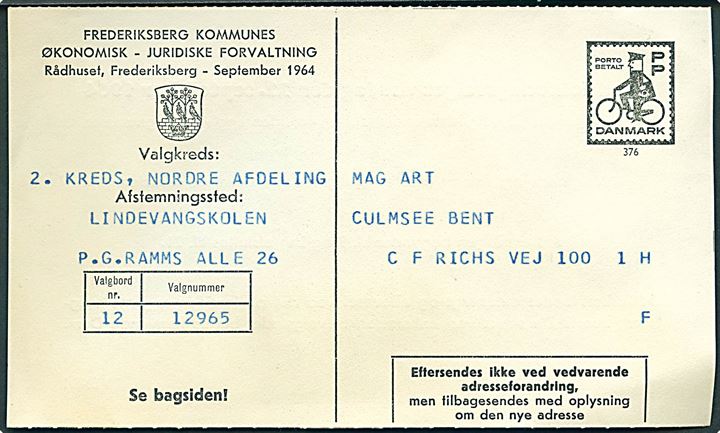 PP Porto Betalt no. 376 på valgkort til folketingsvalg d. 22.9.1964 i Frederiksberg.
