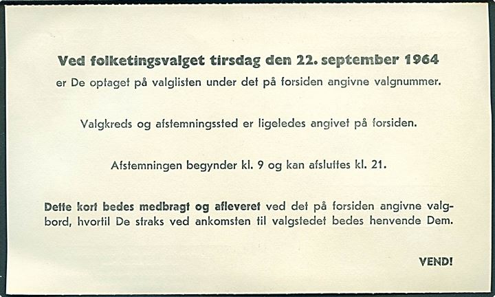 PP Porto Betalt no. 376 på valgkort til folketingsvalg d. 22.9.1964 i Frederiksberg.