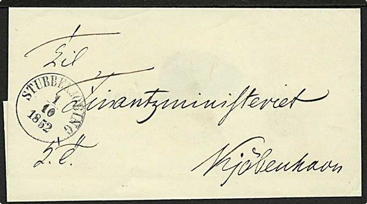 1852. Ufrankeret tjenestebrev med antiqua stempel Stubbekjøbing d. 1.10.1852 til Kjøbenhavn.