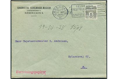 8 øre Bølgelinie med perfin K.S.M. på forretningspapirer fra Københavns Sadelmager-Magasin sendt lokalt i København d. 20.10.1938.