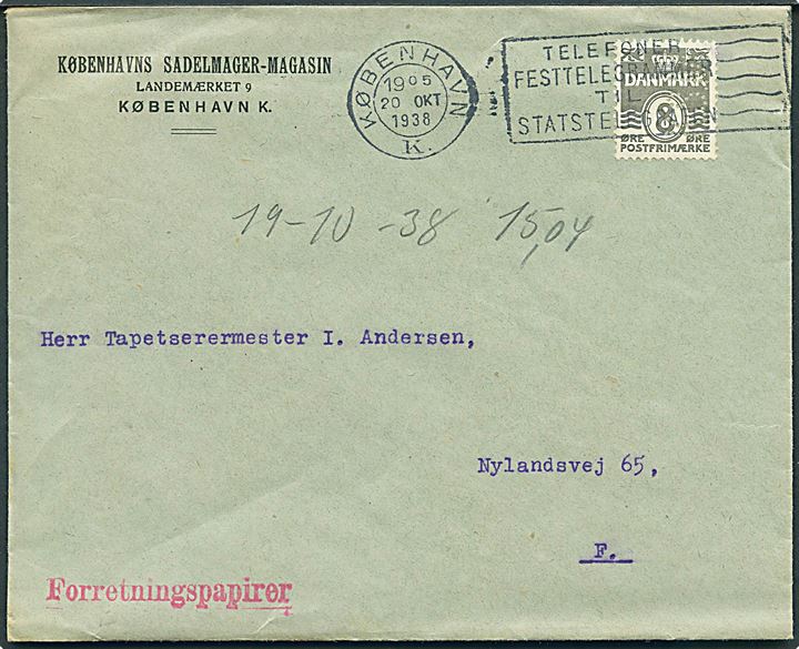 8 øre Bølgelinie med perfin K.S.M. på forretningspapirer fra Københavns Sadelmager-Magasin sendt lokalt i København d. 20.10.1938.