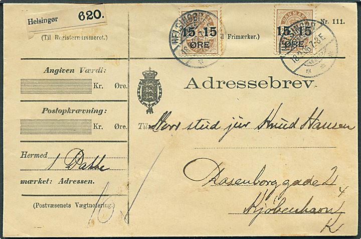 15/24 øre Provisorium (2) på adressebrev for pakke fra Helsingør d. 18.9.1906 til Kjøbenhavn.