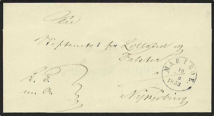 1853. Ufrankeret tjenestebrev påskrevet K.T.m.A. med antiqua stempel Mariboe. d. 19.9.1853 til Nykjöbing.