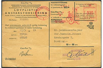 30 øre illustreret firmafranko på indbetalingskort fra København d. 11.3.1963 til Bording. Indbetalt med kontorstempel med sorteringsnummer Bording Post ekspedition 0006 d. 16.3.1963