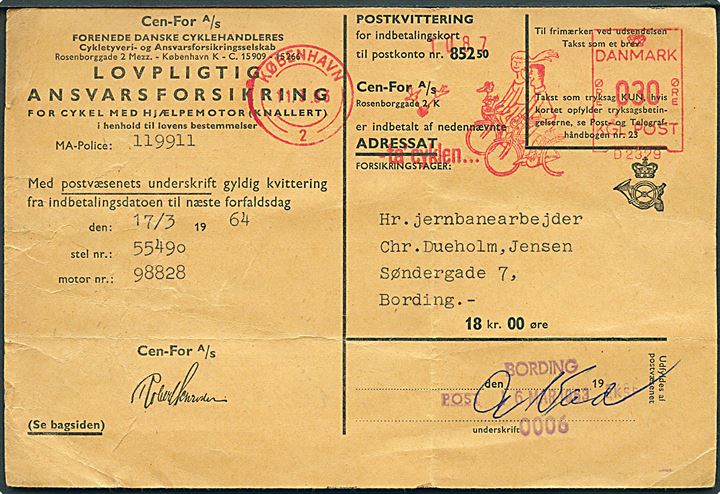 30 øre illustreret firmafranko på indbetalingskort fra København d. 11.3.1963 til Bording. Indbetalt med kontorstempel med sorteringsnummer Bording Post ekspedition 0006 d. 16.3.1963