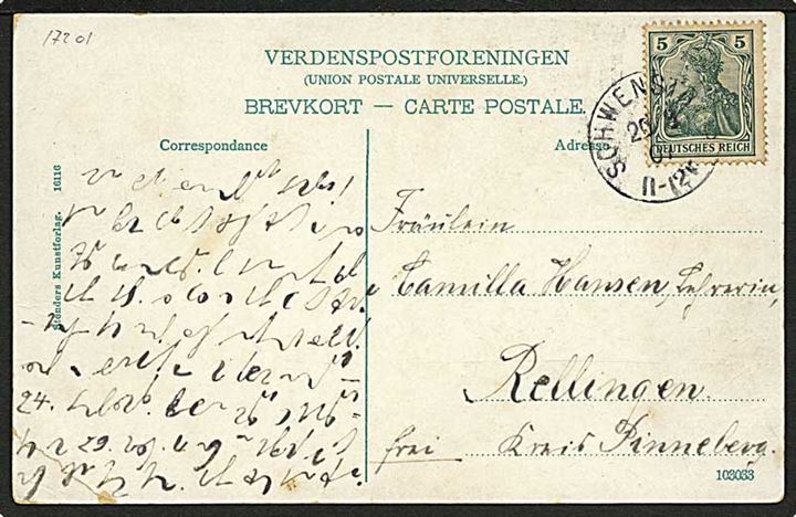 5 pfg. Germania på brevkort annulleret med enringstempel Schwenstrup d. 20.9.1907 til Rellingen 