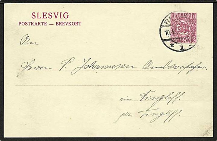 15 pfg. Fælles udg. helsagsbrevkort fra Flensburg d. 10.4.1920 til Tinglev.