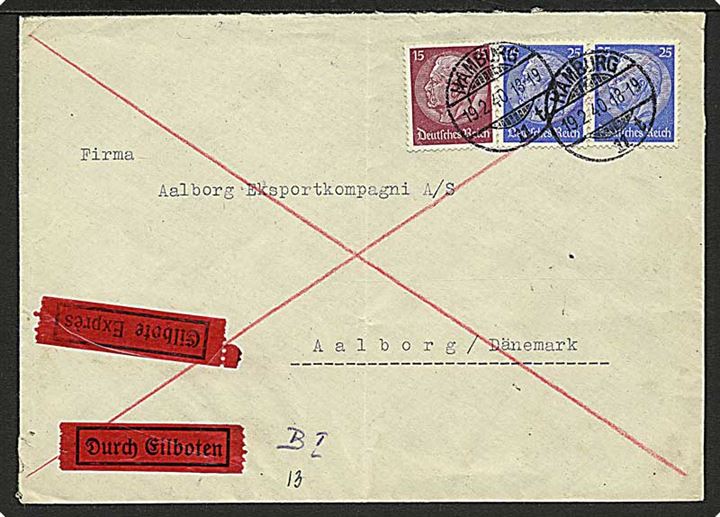 15 pfg. og 25 pfg. (2) Hindenburg på ekspresbrev fra Hamburg d. 19.2.1940 til Aalborg. Åbnet af tysk censur.