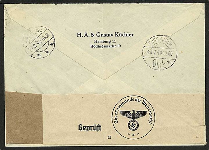 15 pfg. og 25 pfg. (2) Hindenburg på ekspresbrev fra Hamburg d. 19.2.1940 til Aalborg. Åbnet af tysk censur.