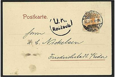 7½ pfg. Germania på brevkort fra Rostock d. 20.2.1917 til Friedrichstadt. Sort censur stempel Ü.K. Rostock.