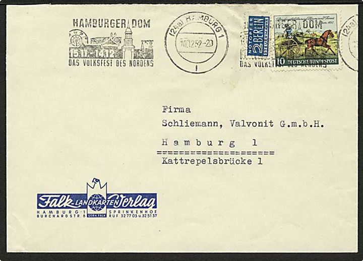 10 pfg. Frimærkejubilæum og 2 pfg. Berlin Notopfer på lokalbrev i Hamburg d. 10.12.1952.