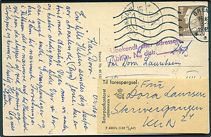 40 øre Fr. IX på brevkort fra Grenå d. 3.9.1965 til København. Forespurgt via Returpostkontoret med etiket P 4007c (1-59 1/3A7).