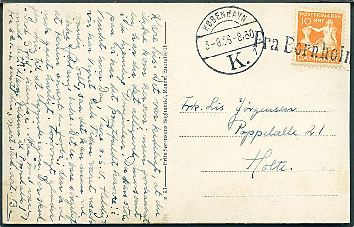10 øre H. C. Andersen på brevkort (Salomons Kapel, Bornholm) annulleret med skibsstempel Fra Bornholm og sidestemplet København d. 3.8.1936 til Holte.