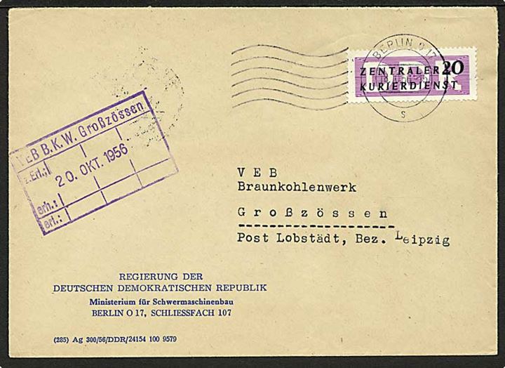 20 pfg. Zentraler Kurierdienst på brev stemplet Berlin d. 18.10.1956 til Grosszössen.