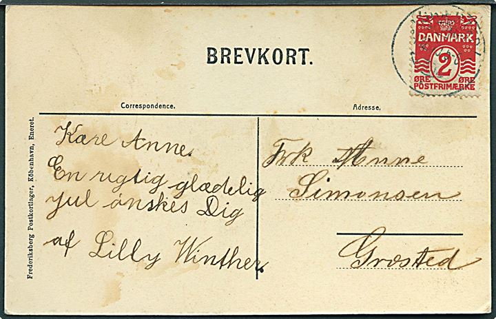 2 øre Bølgelinie på julekort sendt som lokal tryksag i Græsted d. 24.12.1910.