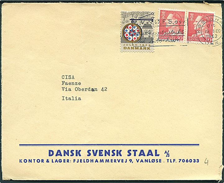 30 øre Fr. IX i parstykke og Julemærke 1962 på brev fra København d. 19.12.1962 til Faenza, Italien.