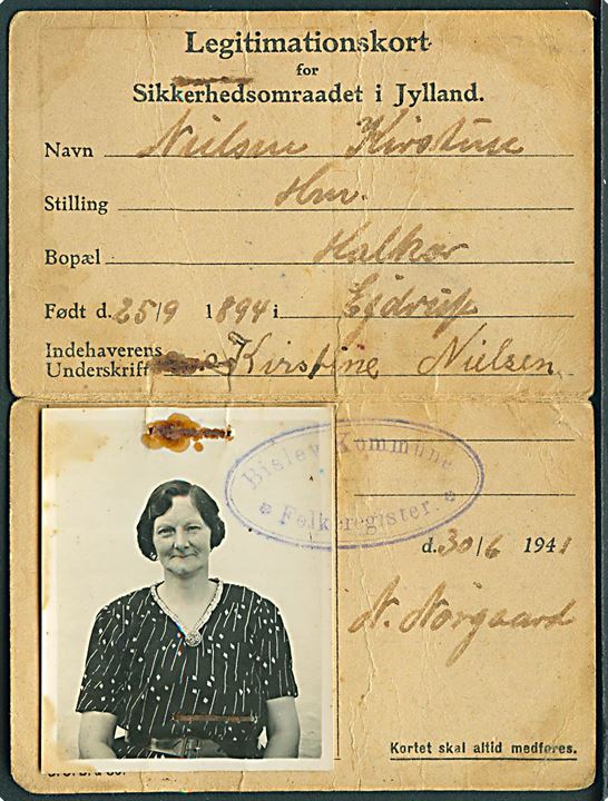 Legitimationskort for Sikkerhedsomraadet i Jylland med foto udstedt i Bislev Kommunes Folkeregister d. 30.6.1941.