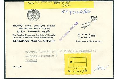 Ufrankeret anbefalet postsag fra Addis Abeba, Etiopien til Generaldirektoratet for Post- og Telegrafvæsenet i København. Påsat gul lukkeetiket: Lukket af Poståbningen d. 26.6.1990.
