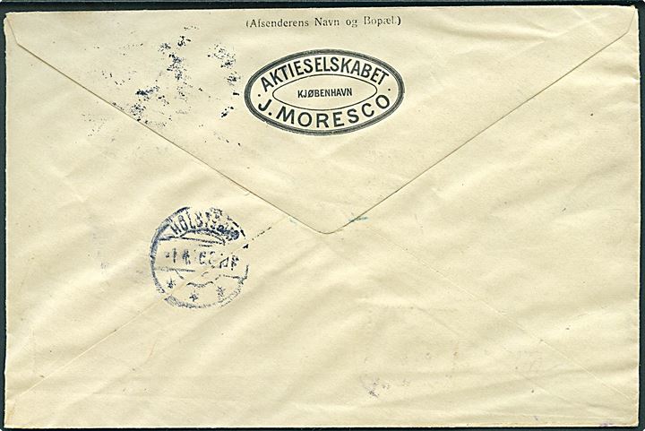 20 øre Chr. X med perfin J.M. på adressekort for pakke fra firma J. Moresco i Kjøbenhavn d. 31.3.1916 til Holstebro.