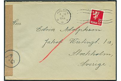 20 øre Løve på brev fra Halden d. 6.9.1944 til Stockholm, Sverige. Åbnet af tysk censur i Oslo med neutral brun banderole stemplet Ao.