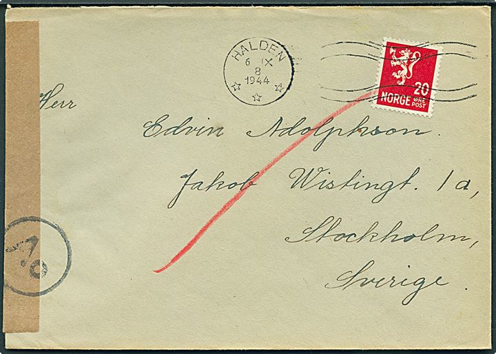 20 øre Løve på brev fra Halden d. 6.9.1944 til Stockholm, Sverige. Åbnet af tysk censur i Oslo med neutral brun banderole stemplet Ao.