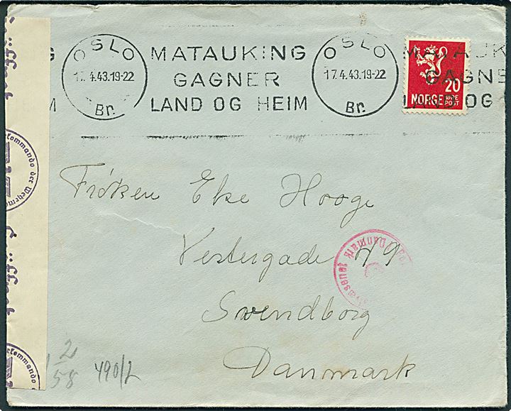 20 øre Løve på brev fra Oslo d. 17.4.1943 til Svendborg, Danmark. Åbnet af tysk censur i Oslo og passér stemplet ved censuren i København.