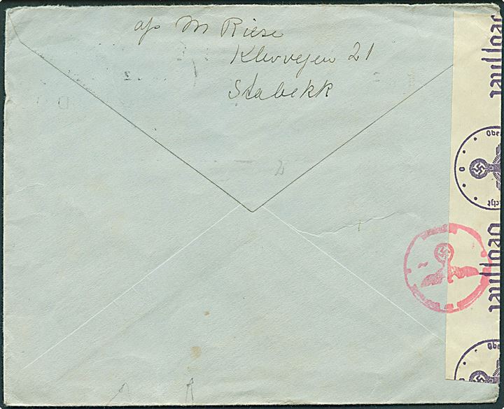 20 øre Løve på brev fra Oslo d. 17.4.1943 til Svendborg, Danmark. Åbnet af tysk censur i Oslo og passér stemplet ved censuren i København.