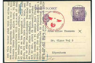 10 öre Gustaf helsagsbrevkort fra Julita d. 3.6.1940 til København, Danmark. Passér stemplet af tysk censur 