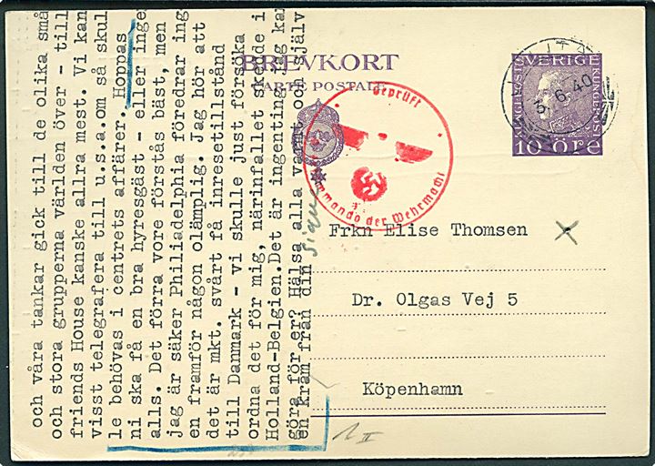 10 öre Gustaf helsagsbrevkort fra Julita d. 3.6.1940 til København, Danmark. Passér stemplet af tysk censur 