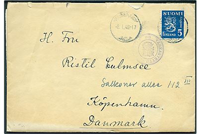 5 mk. Løve på brev fra Mariehamn på Ålandsøerne d. 8.1.1946 til København, Danmark. Finsk censur.