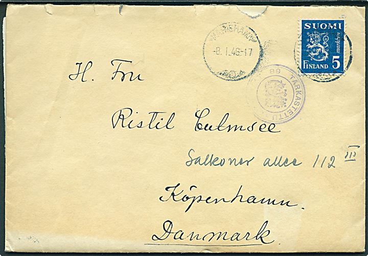 5 mk. Løve på brev fra Mariehamn på Ålandsøerne d. 8.1.1946 til København, Danmark. Finsk censur.
