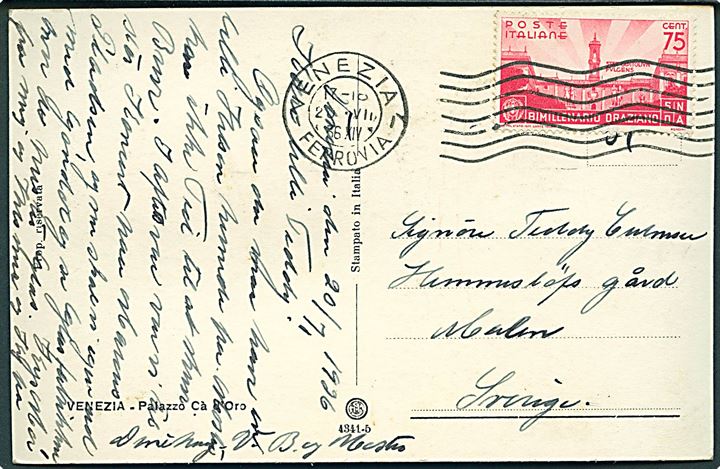 75 cts. Horats mindeudg. på brevkort fra Venezia d. 20.7.1936 til Malm, Sverige.